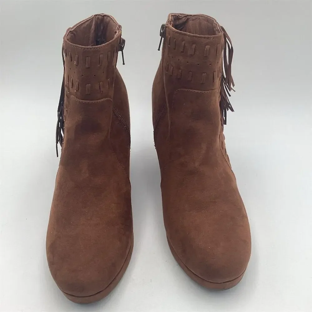 Women's Brown Suede‎ Fringe Wedge Booties Size 11